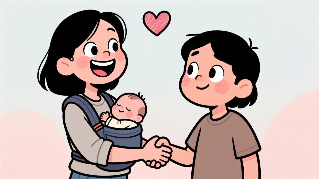 A heartwarming moment depicting a new parent offering a kind gesture to someone in need, with hands clasped tightly together.