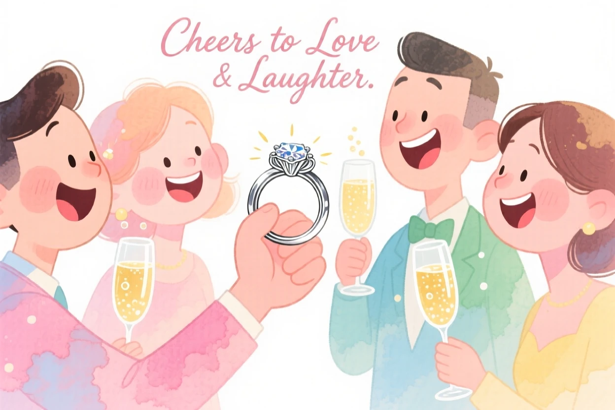 A joyful celebration scene of an engagement celebration with a sparkling ring and champagne, filled with warmth and laughter