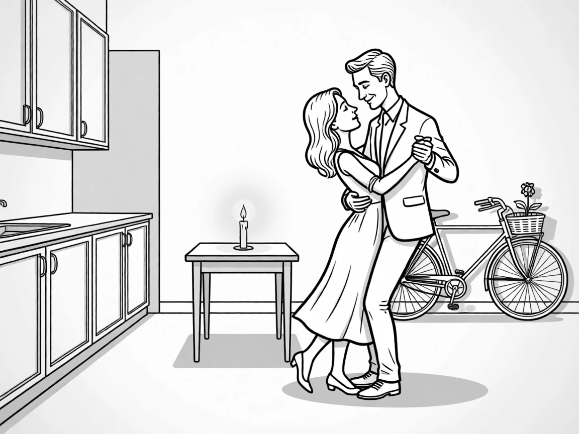 Two people slow dancing in a nearly empty kitchen, bobbing heads slightly out of sync with the music, set at a small kitchen table lit by candlelight. The bike's basket holds a single, forgotten flower. The scene feels like a love story told through small moments.