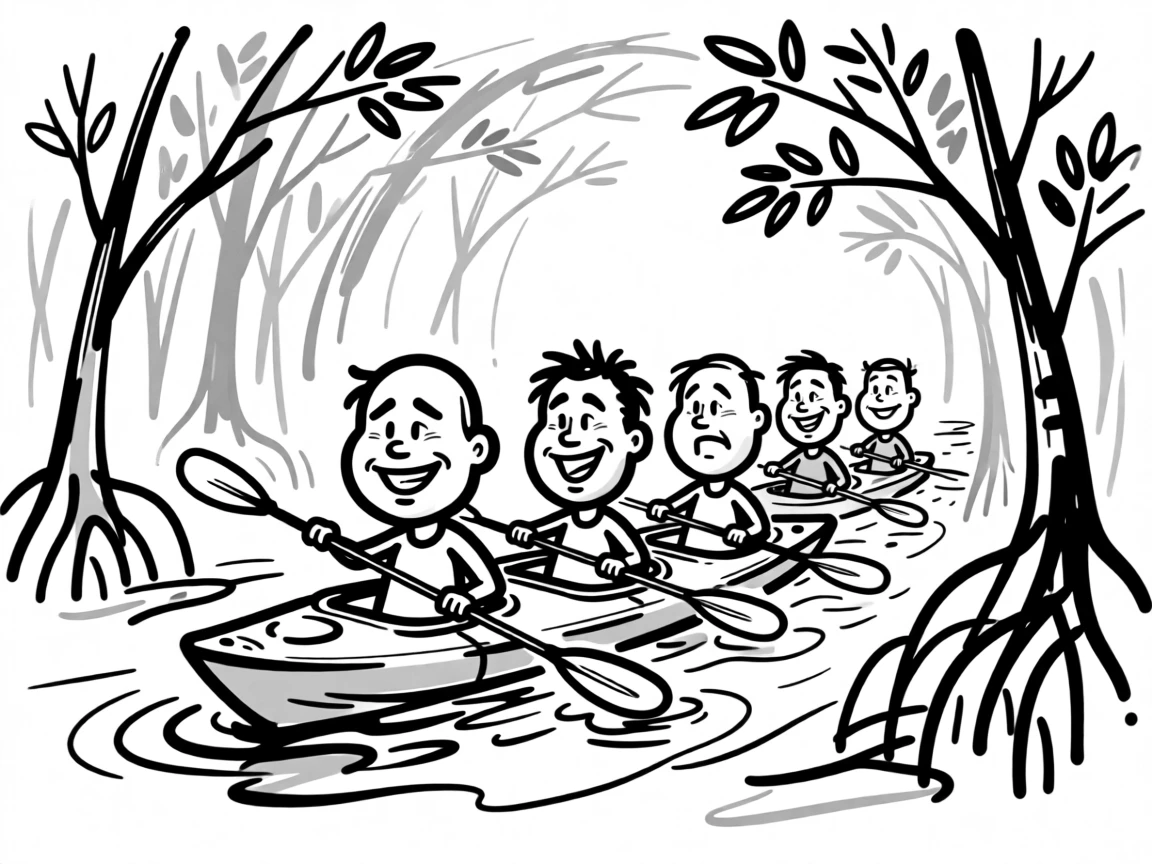 A group of kayakers navigating gently through a mangrove tunnel dappled with light.