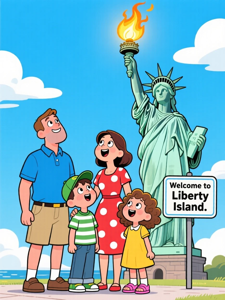 A family gazing up at the torch of the Statue of Liberty.