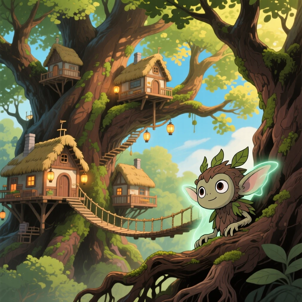 A village built inside the branches of an enormous tree, where a friendly forest spirit peeking from behind a root can be seen nearby, the atmosphere mysteriously beautiful.