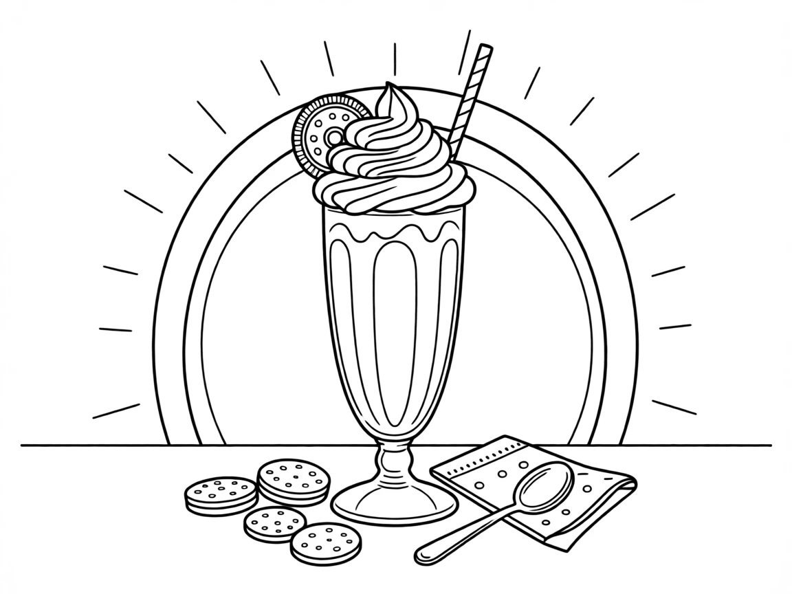 A milkshake with whipped cream and a cookie garnish, with a warm, inviting glow over the whole scene.
