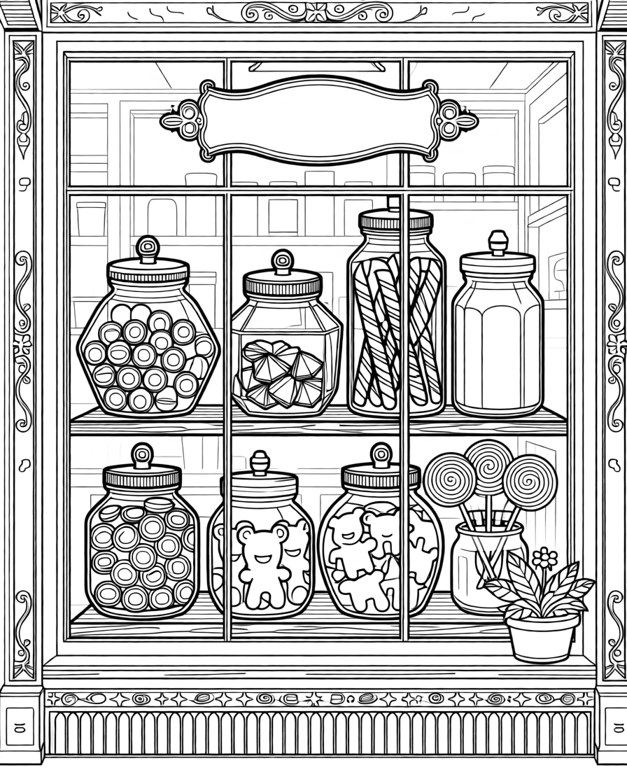 A candy shop window filled with jars of colorful sweets.