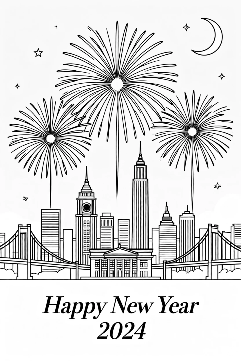 Fireworks bursting over a city skyline on New Year's Eve