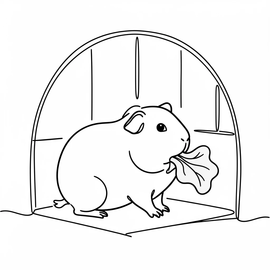 A guinea pig munching on a piece of lettuce inside its cozy hutch