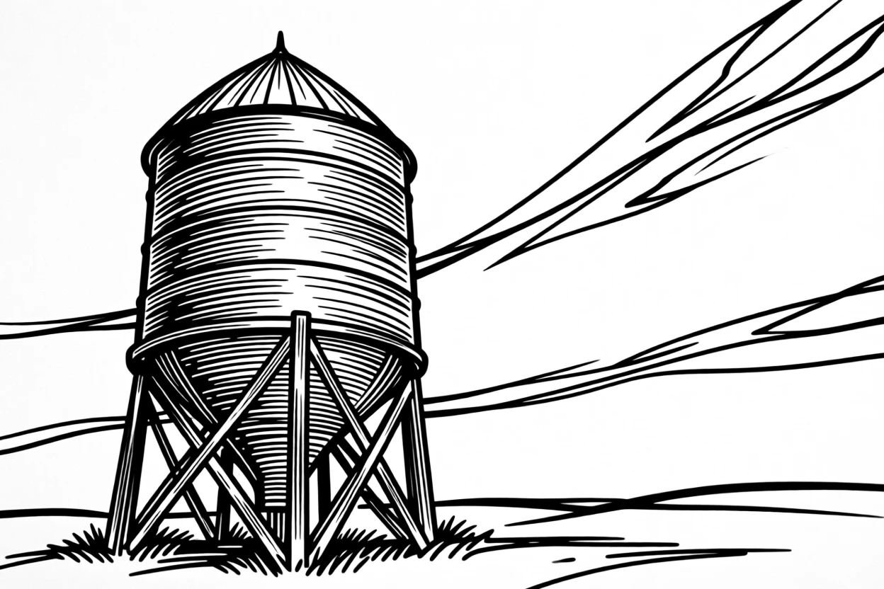 A rustic grain silo standing tall against an open prairie sky.