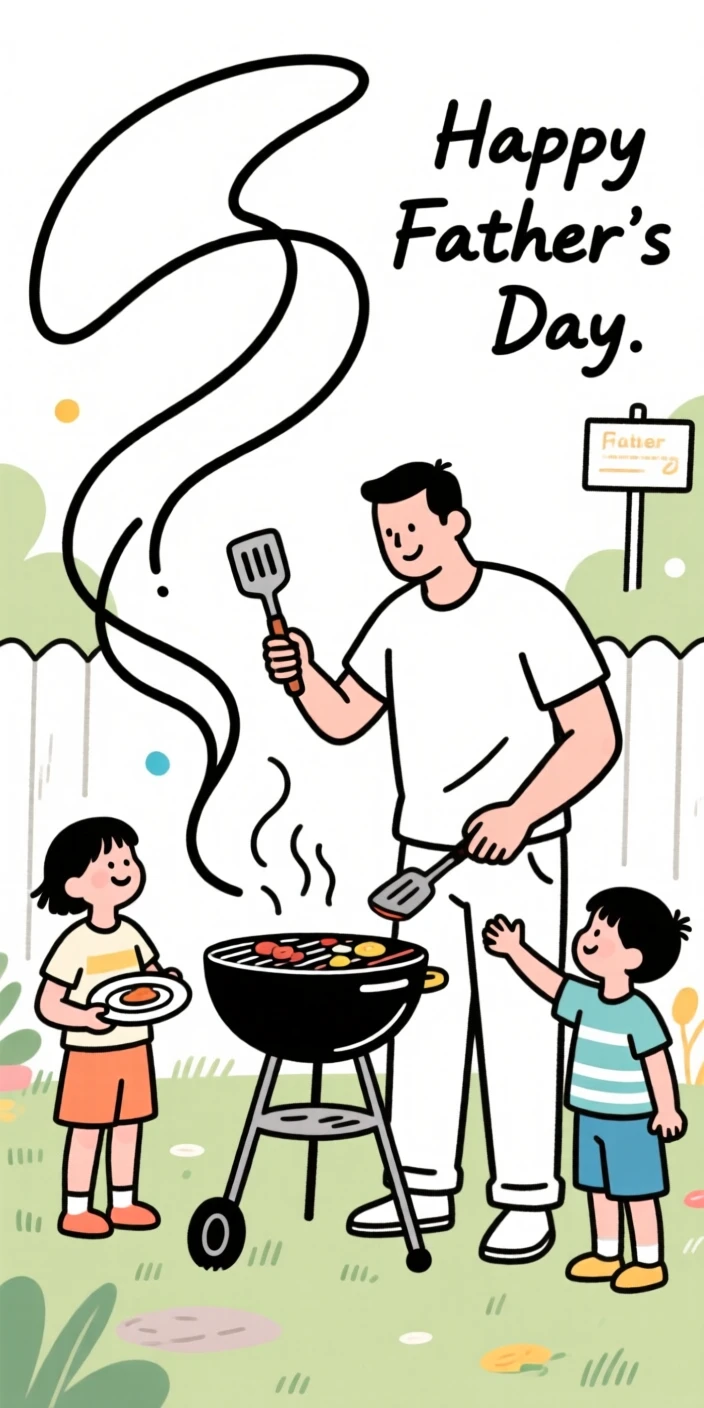 A Father's Day scene of a dad grilling with his kids in the backyard.