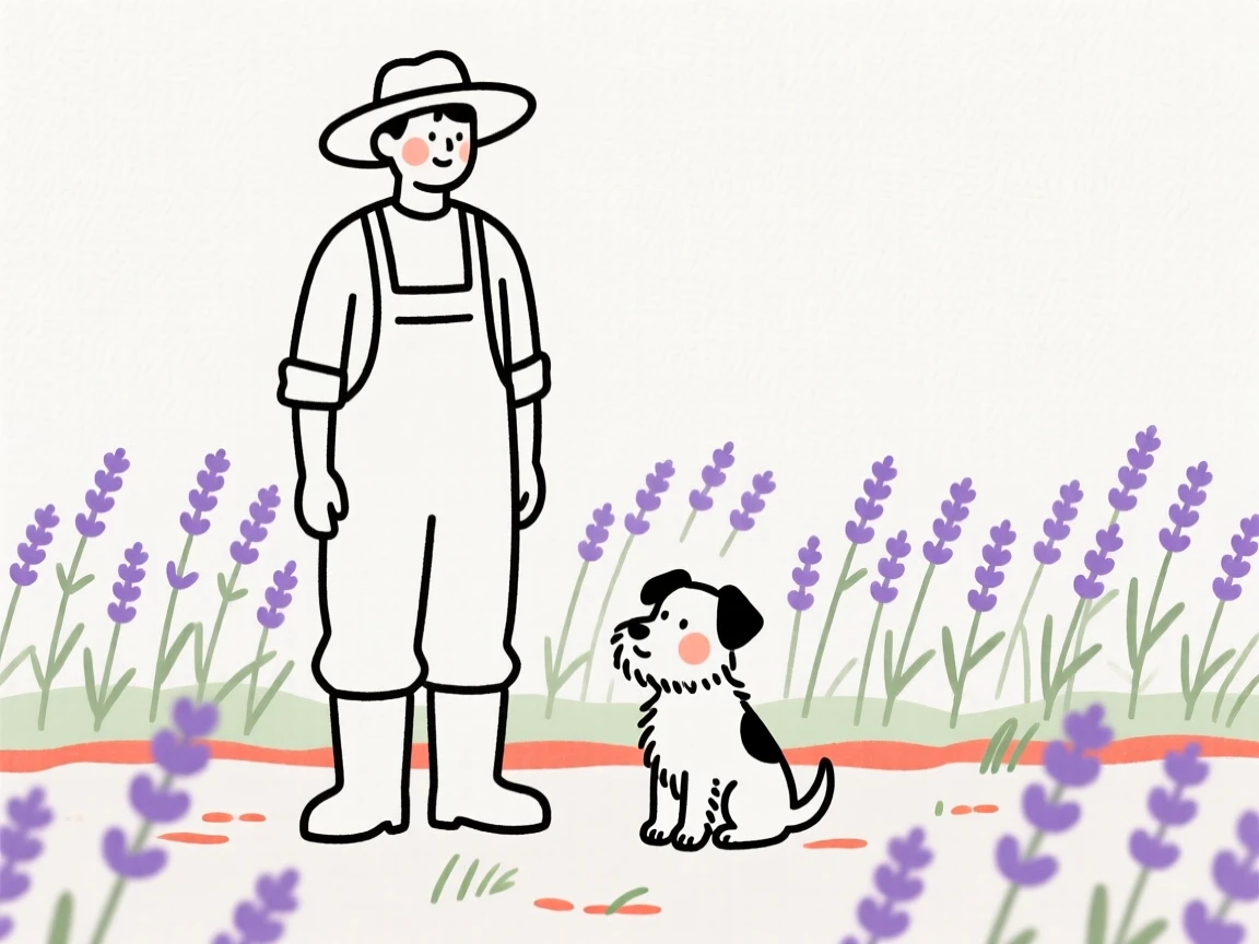 A farmer with a small terrier, in a lavender field.