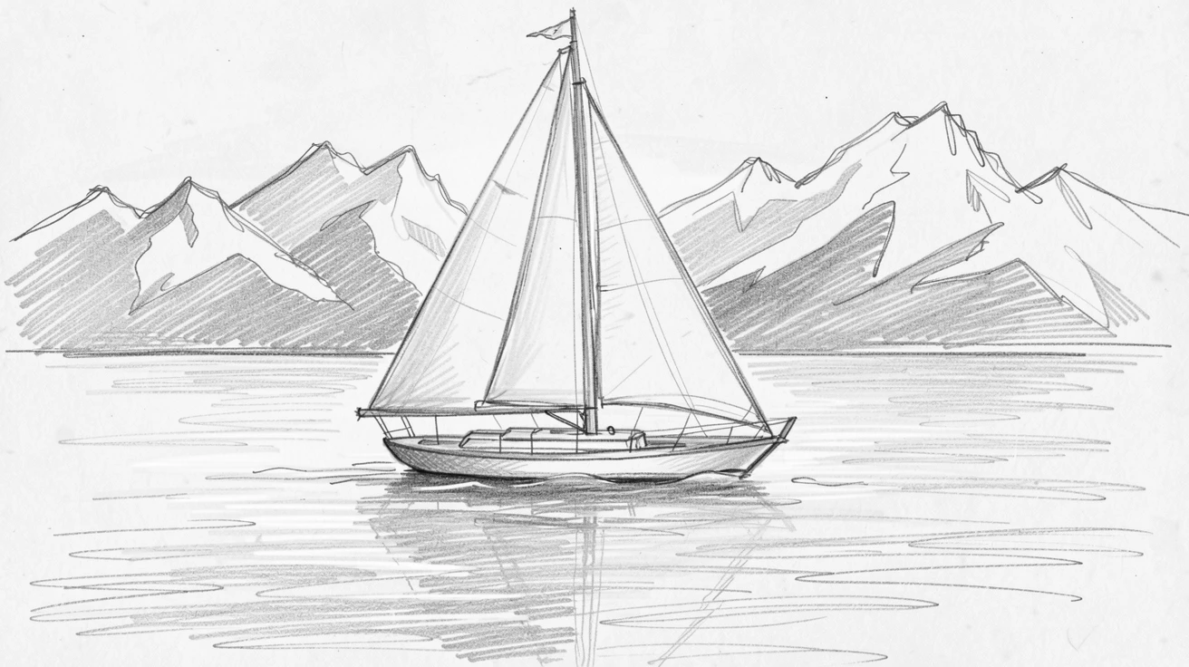 A sailboat gliding across calm turquoise water, against a backdrop of snow-capped mountains, with warm evening light glowing across its surface.