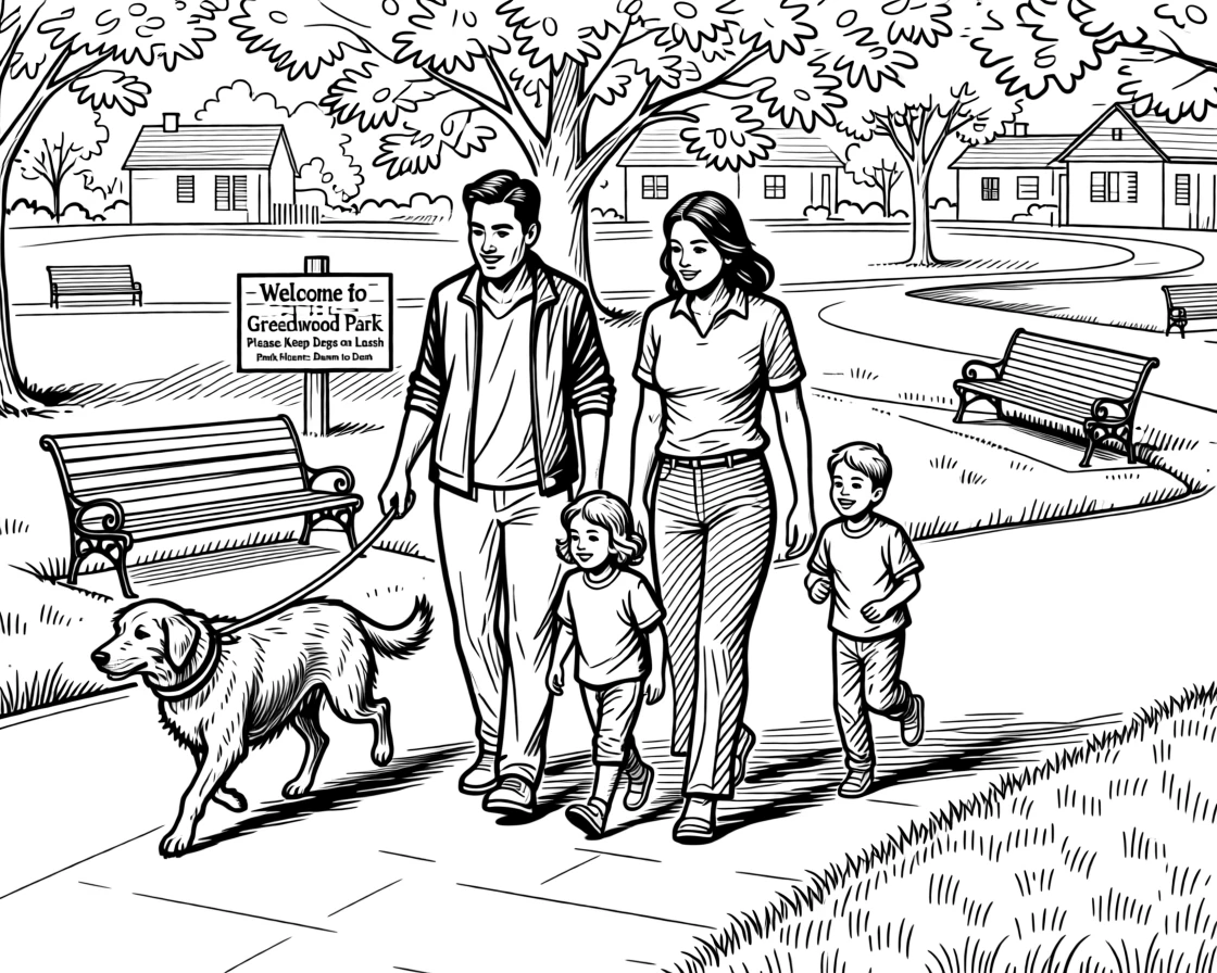 A family walking their dog together through a quiet neighborhood park.