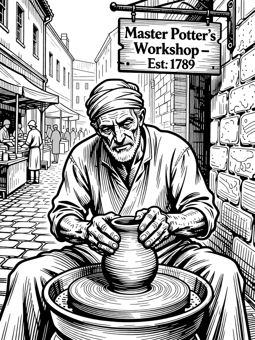 A potter shaping clay at a traditional wheel amid the quiet hum of a bustling old city, with the quiet dignity of long-held tradition, portrayed in a proud and storied historical scene.