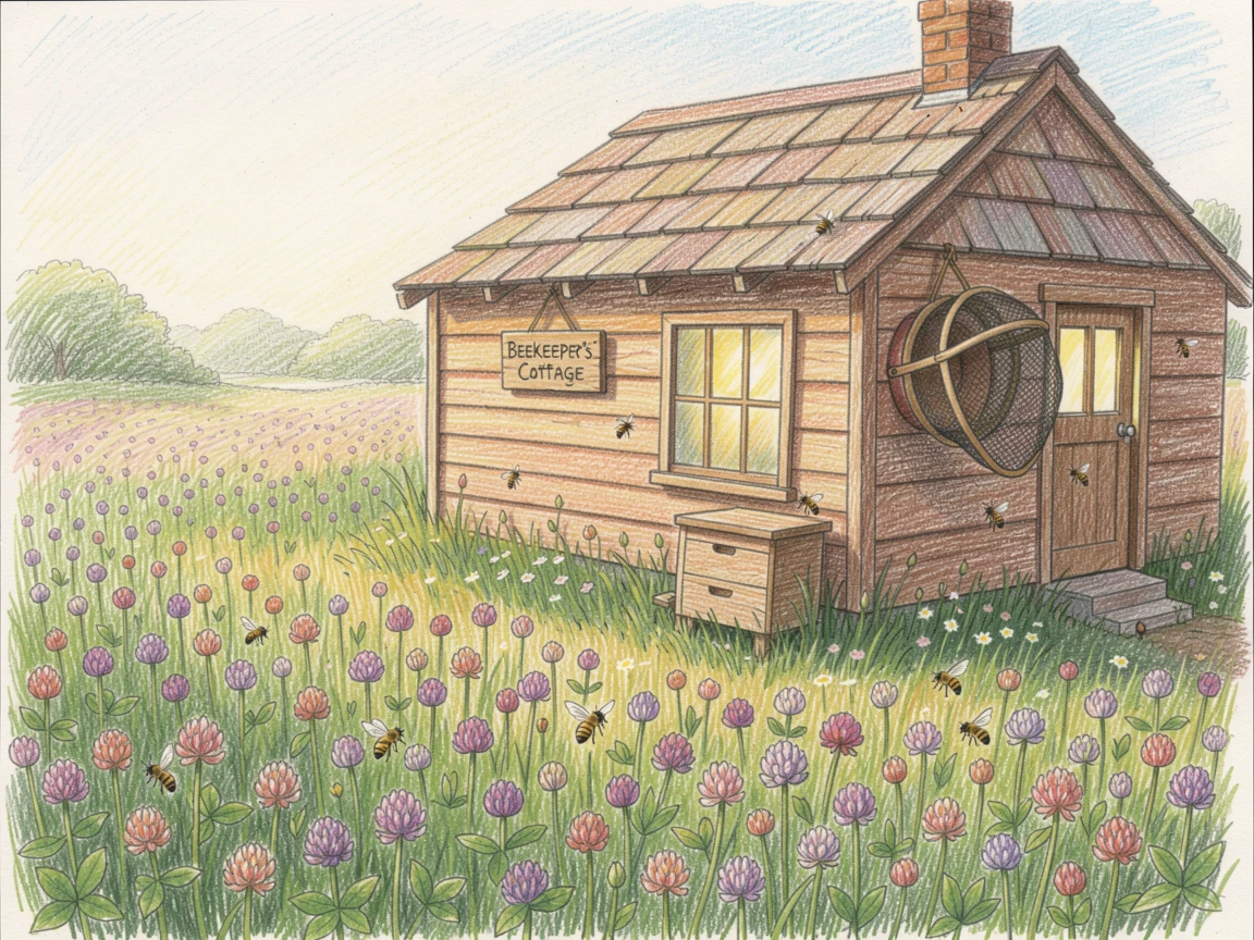 A beekeeper's cottage surrounded by blooming clover fields, captured in a quiet, intimate moment full of atmosphere, capturing a quiet story that lingers with the viewer.