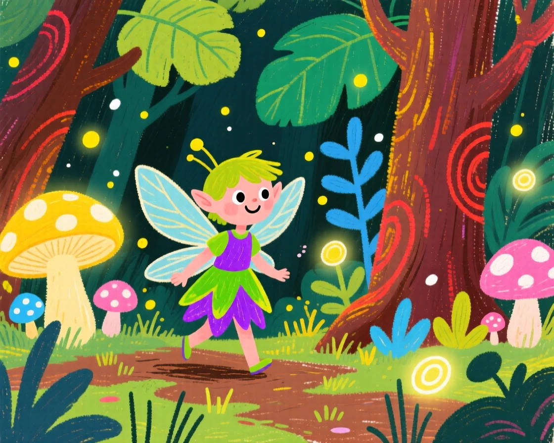 A tiny pixie wandering through a glowing enchanted forest.