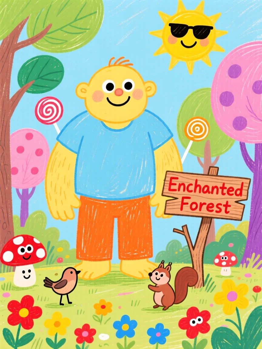 A kind giant with a gentle smile in an enchanted forest clearing.