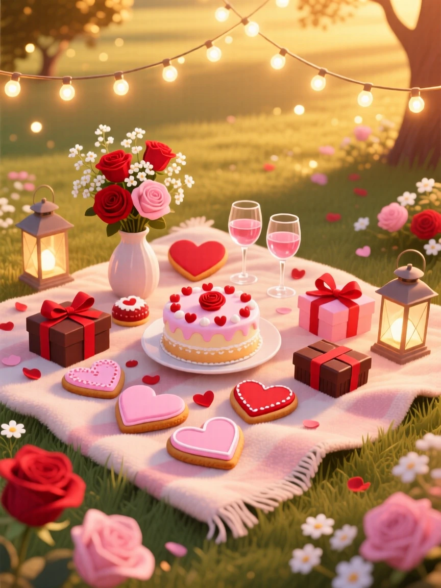 A cozy Valentine's Day picnic with heart-shaped treats, decorated with seasonal flowers and warm lighting, composed with a warm golden glow throughout, with warm twinkling lights adding a magical sparkle.