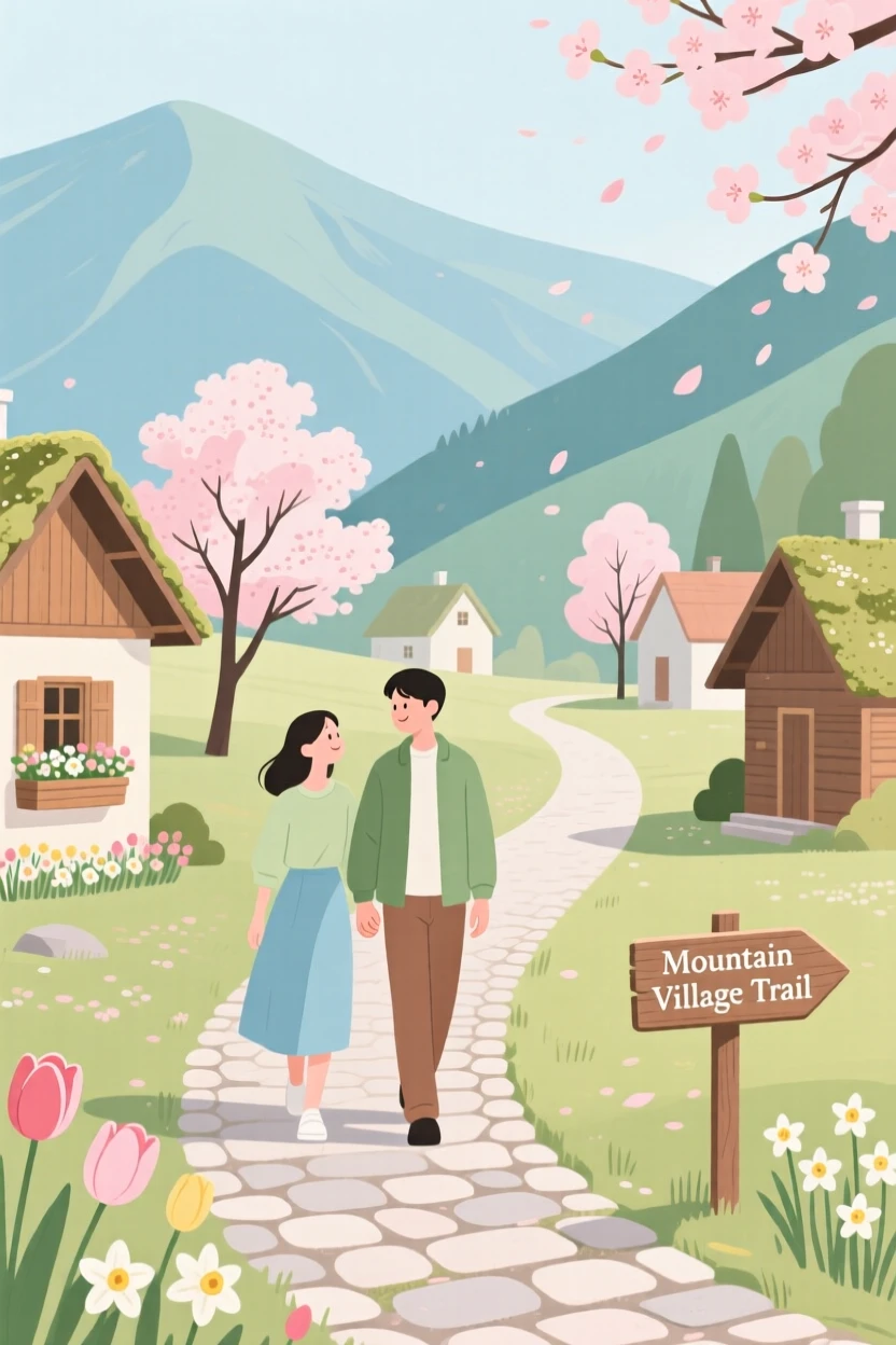 A spring scene of a couple walking in a mountain village.