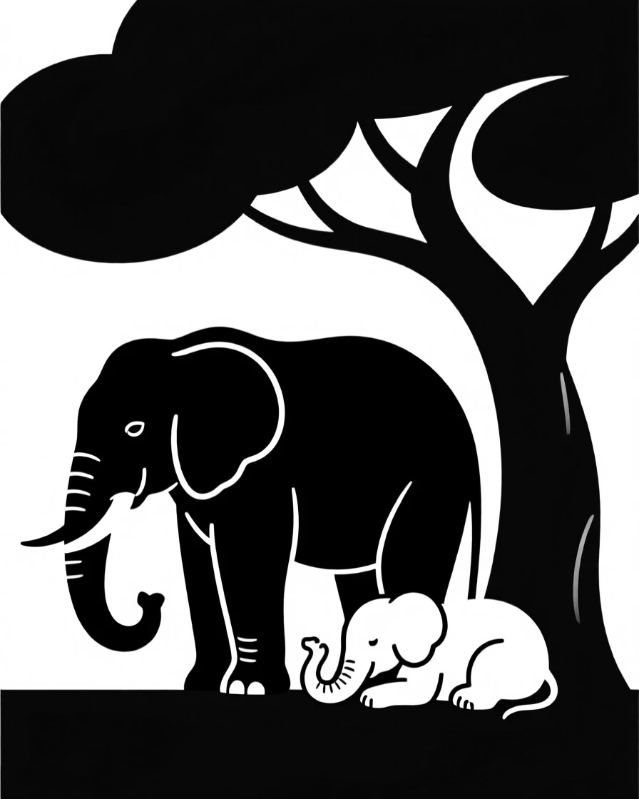 A family of elephants resting beneath a shady tree.