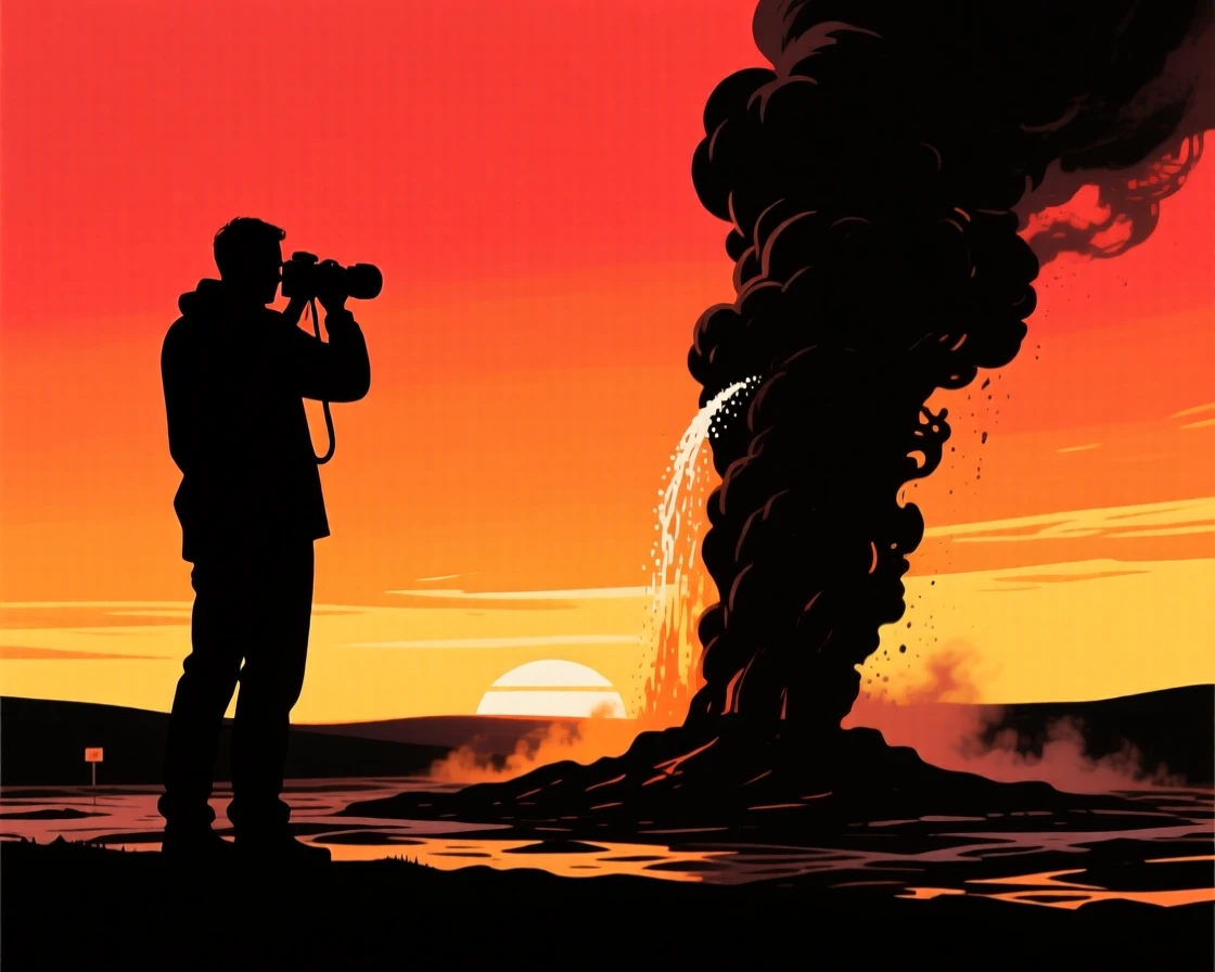 A photographer capturing a shot of a distant erupting geyser.