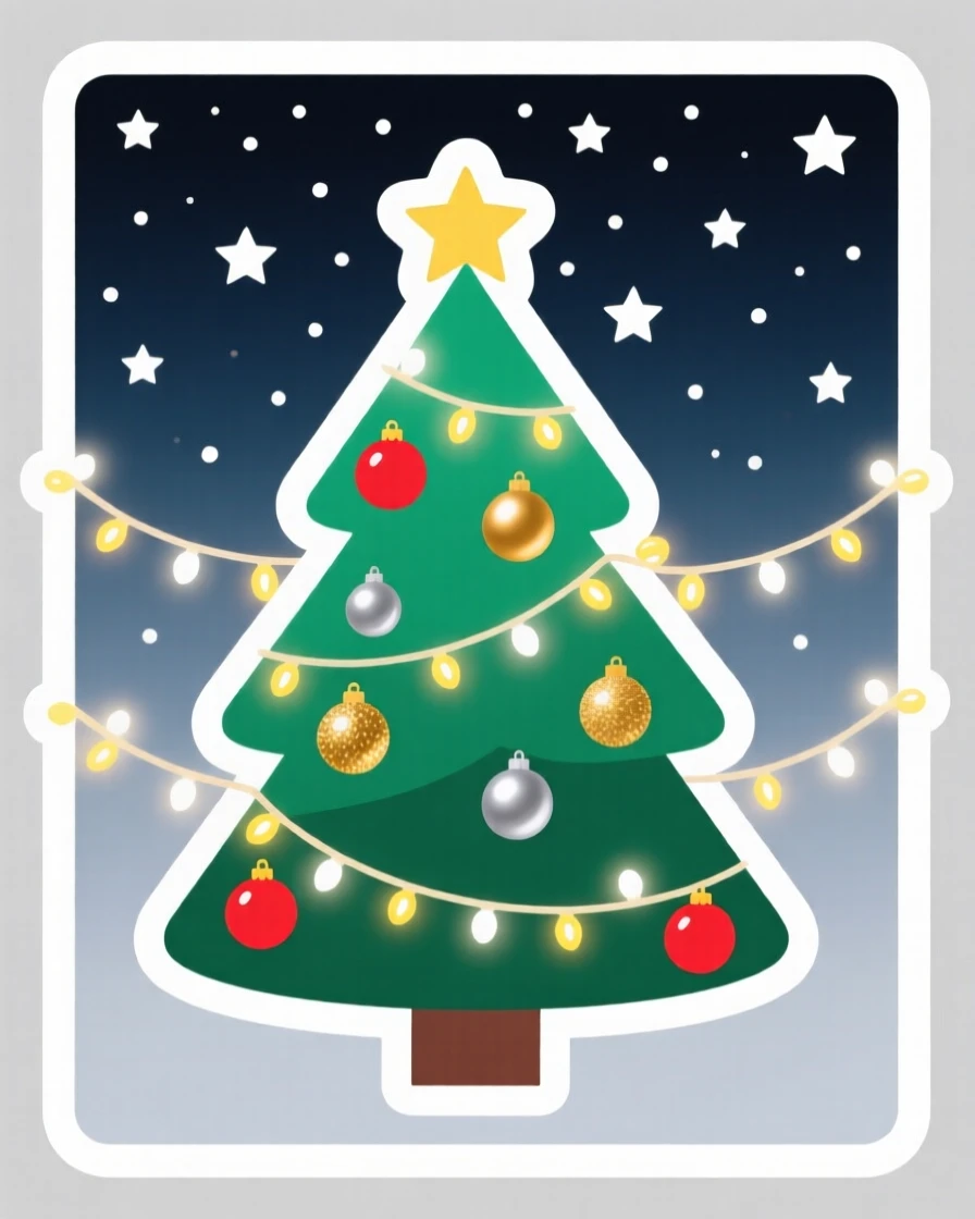 A brightly colored decorated Christmas tree with twinkling lights, surrounded by twinkling fairy lights, under a sky full of stars on a special night.