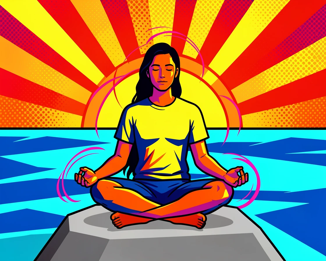 A person meditating peacefully at sunrise by the ocean