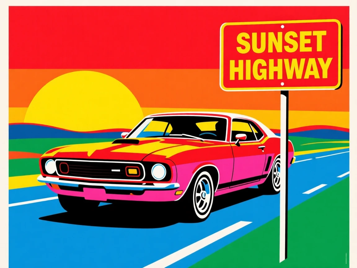 Classic muscle car cruising down a sunset highway