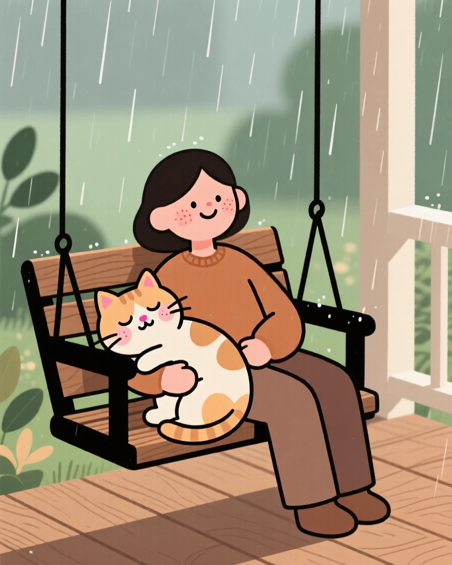 A sleepy cat rests its head on its owner's lap during a quiet rainy morning on the porch swing, both perfectly content.