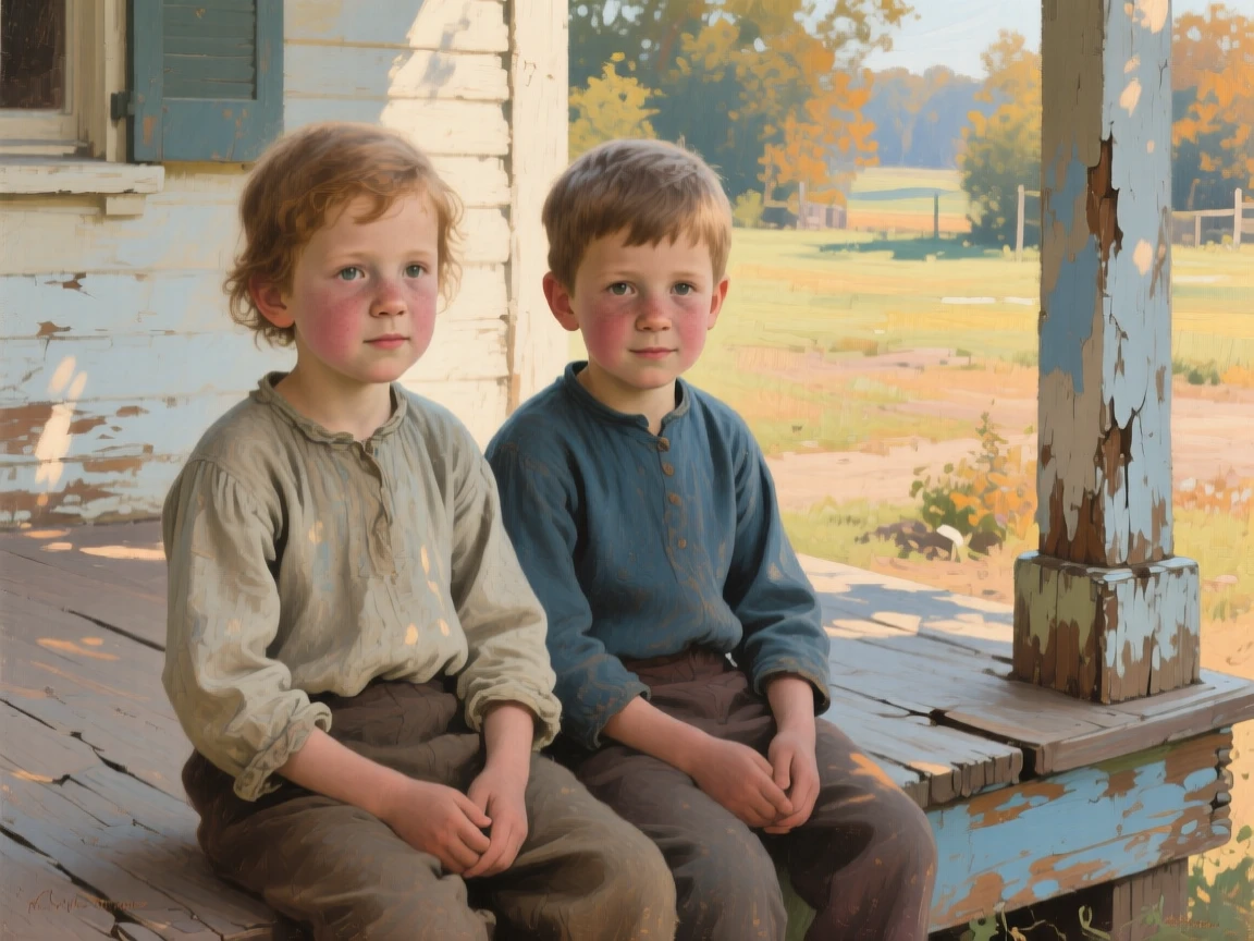 A close-up portrait of a pair of childhood friends on a weathered porch, glowing with pride, at midday.
