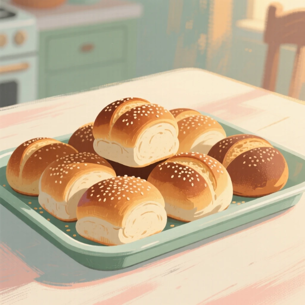 A tray of freshly baked bread rolls dusted with sesame seeds