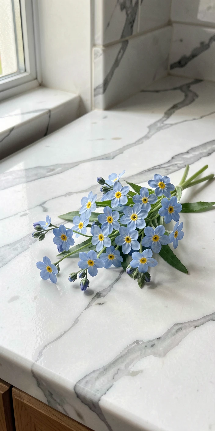 A bunch of forget-me-nots on a marble kitchen counter.