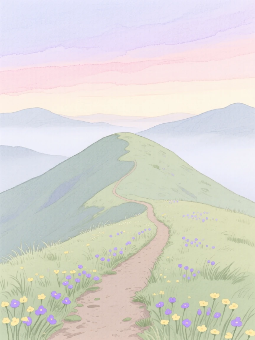 A serene view of a quiet mountain summit, with a single path leading into the distance, evoking calm and quiet reflection