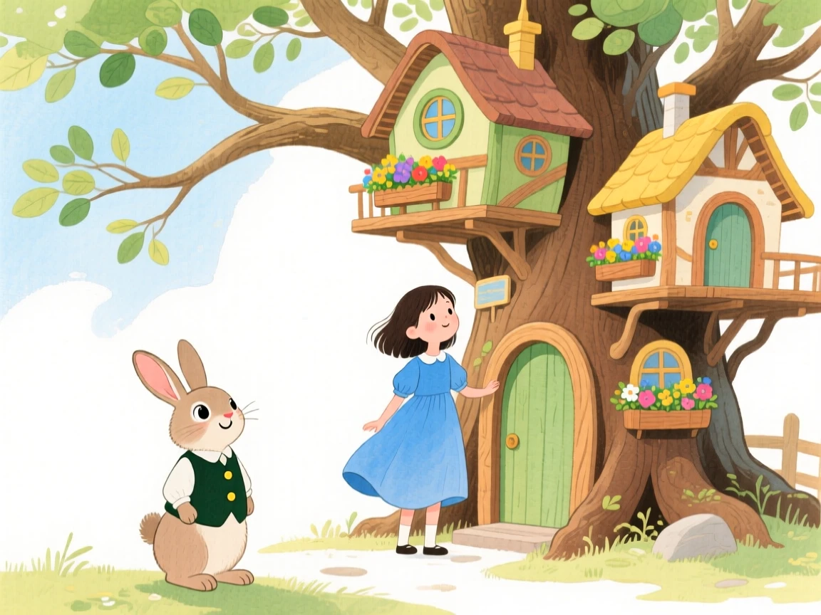 A girl in a flowing blue dress discovering a magical treehouse village for the first time, greeted by a talking rabbit in a tiny vest.