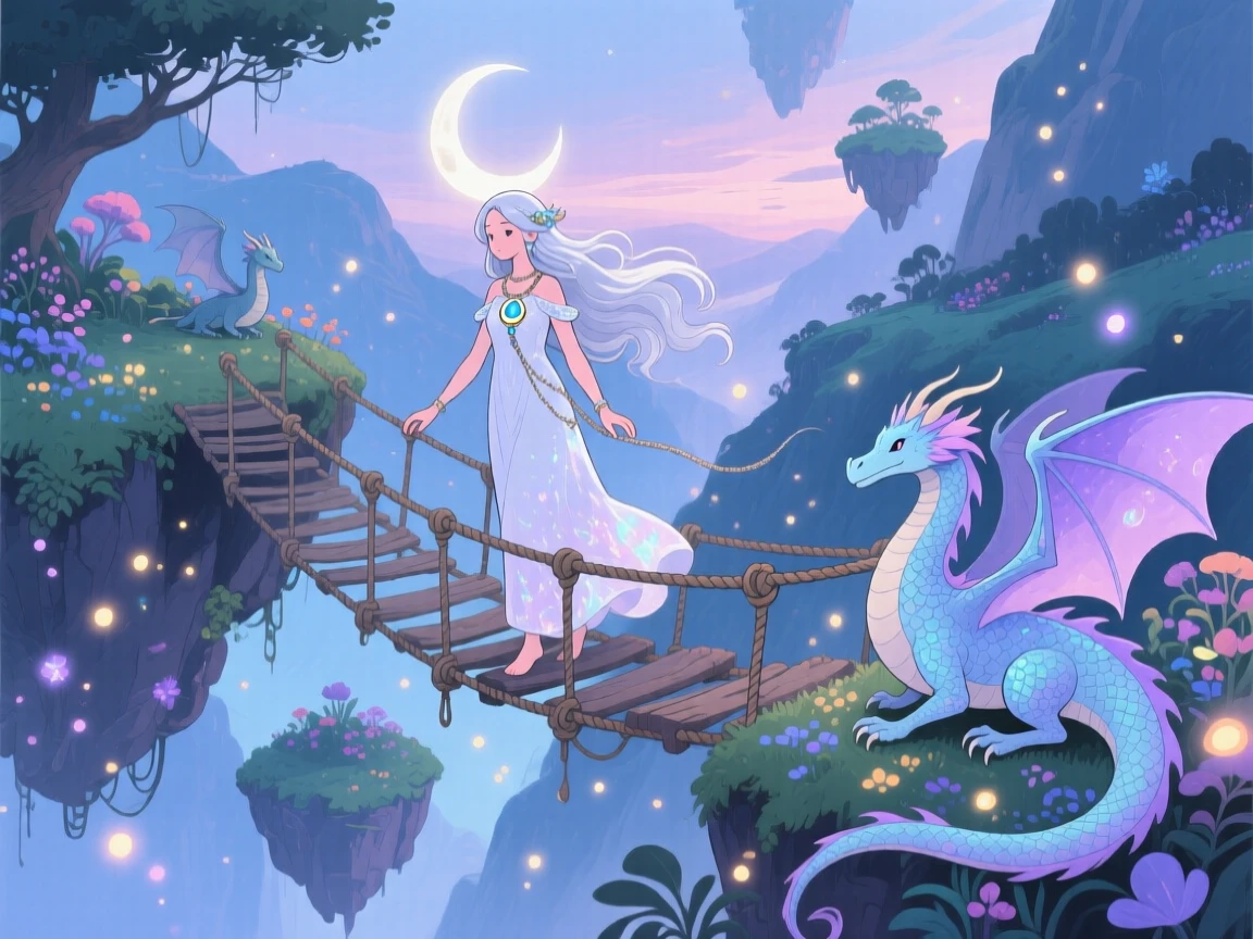 A moon priestess crossing a rope bridge suspended between floating islands, in a hidden valley guarded by gentle dragons, brimming with enchantment and discovery.