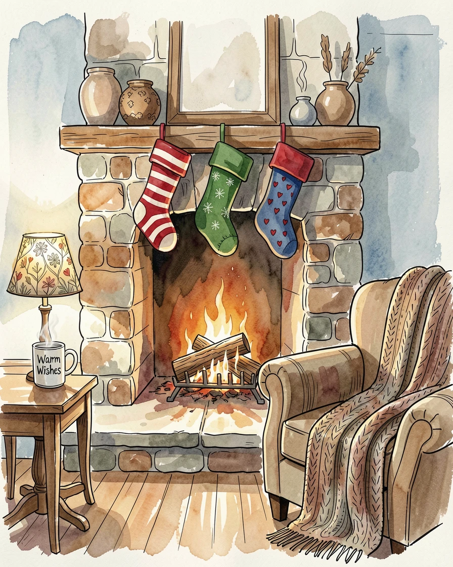 A cozy winter evening with stockings hung and a fire crackling softly, small decorative details adding charm throughout.
