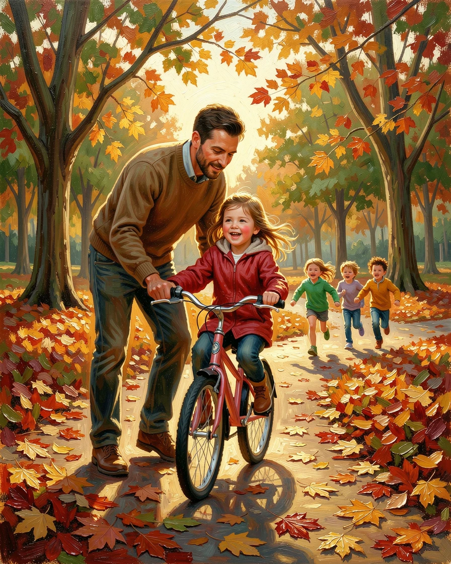 A father teaching his daughter to ride a bicycle, in a park scattered with fallen autumn leaves, children running ahead, full of energy, at golden hour, light glowing softly around them.