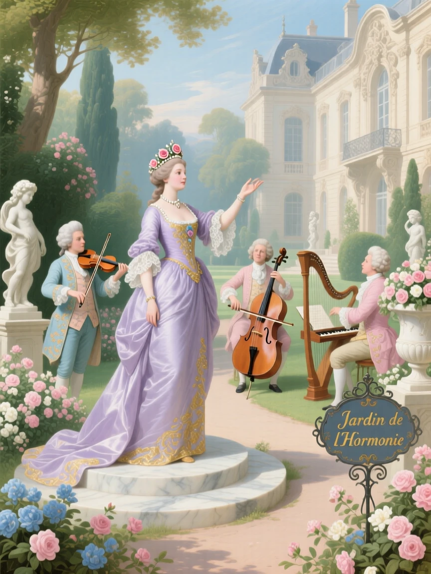 A queen representing harmony, conducting musicians in a palace garden  