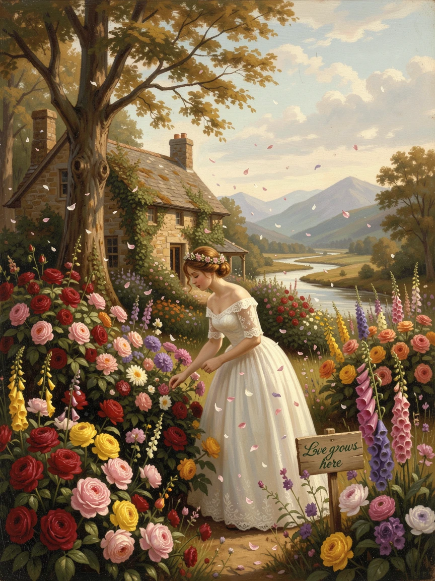 A bride tends the flowers of a cottage garden overflowing with color as petals fall like snow.