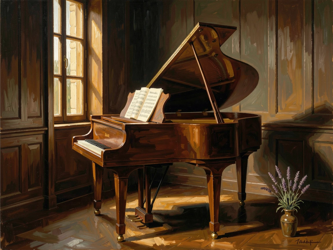 A grand piano beneath a shaft of golden light in an elegant room, arranged with careful, deliberate elegance, celebrating the beauty found in fine craftsmanship and detail
