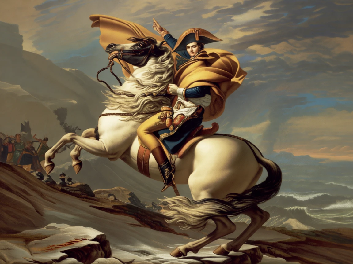 A young Alexander taming the wild stallion Bucephalus before a crowd of nobles at the exact instant fate is sealed, set atop a cliff overlooking a stormy sea, with gilded armor catching the light and rich fabrics billowing in the wind; the composition centers the hero in a pyramid of surrounding figures, radiating triumph tempered by solemn sacrifice.