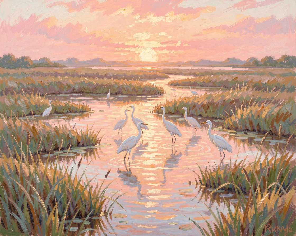 A coastal salt marsh glowing pink and orange at sunset, egrets wading through shallow pools, inspiring awe at the beauty of the scene.