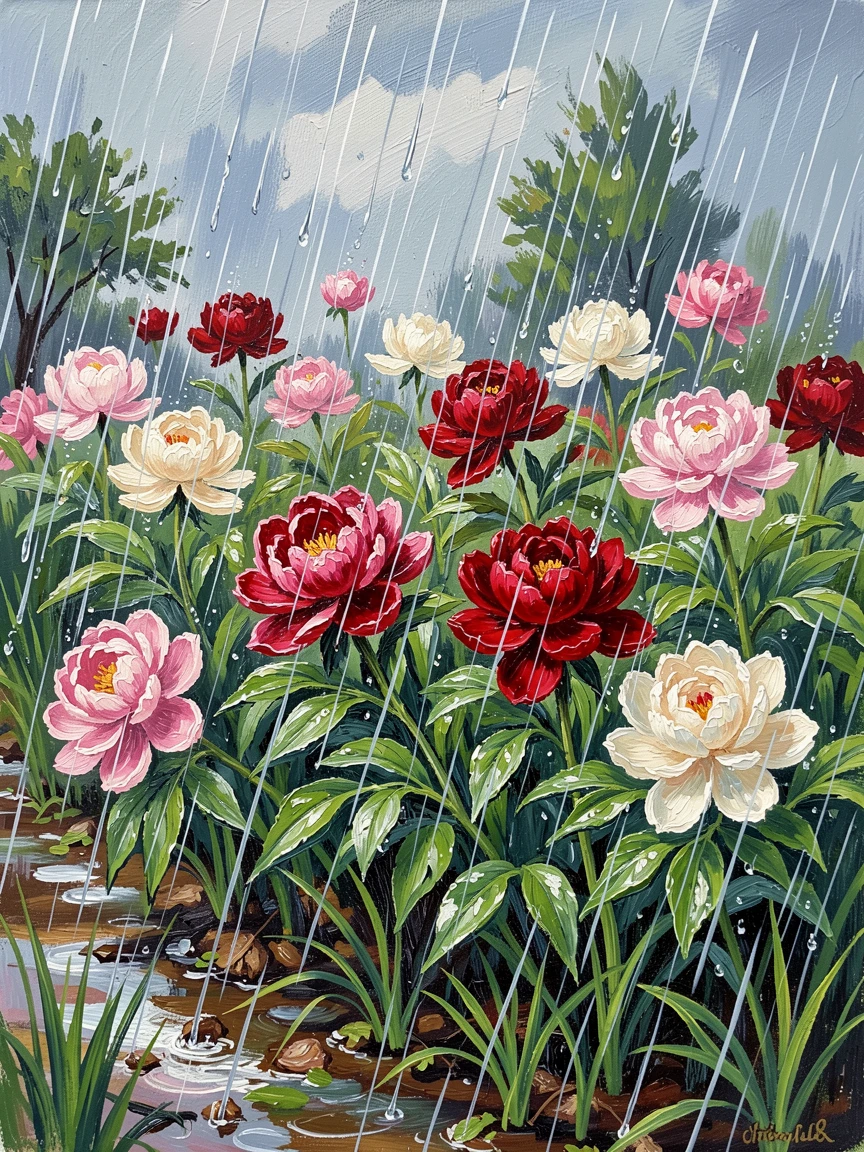 A spring rain shower falling gently on a garden of blooming peonies.