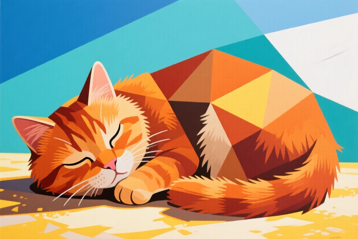 A charming close-up of a fluffy orange kitten curled up asleep in a warm patch of sunlight on a bright afternoon.