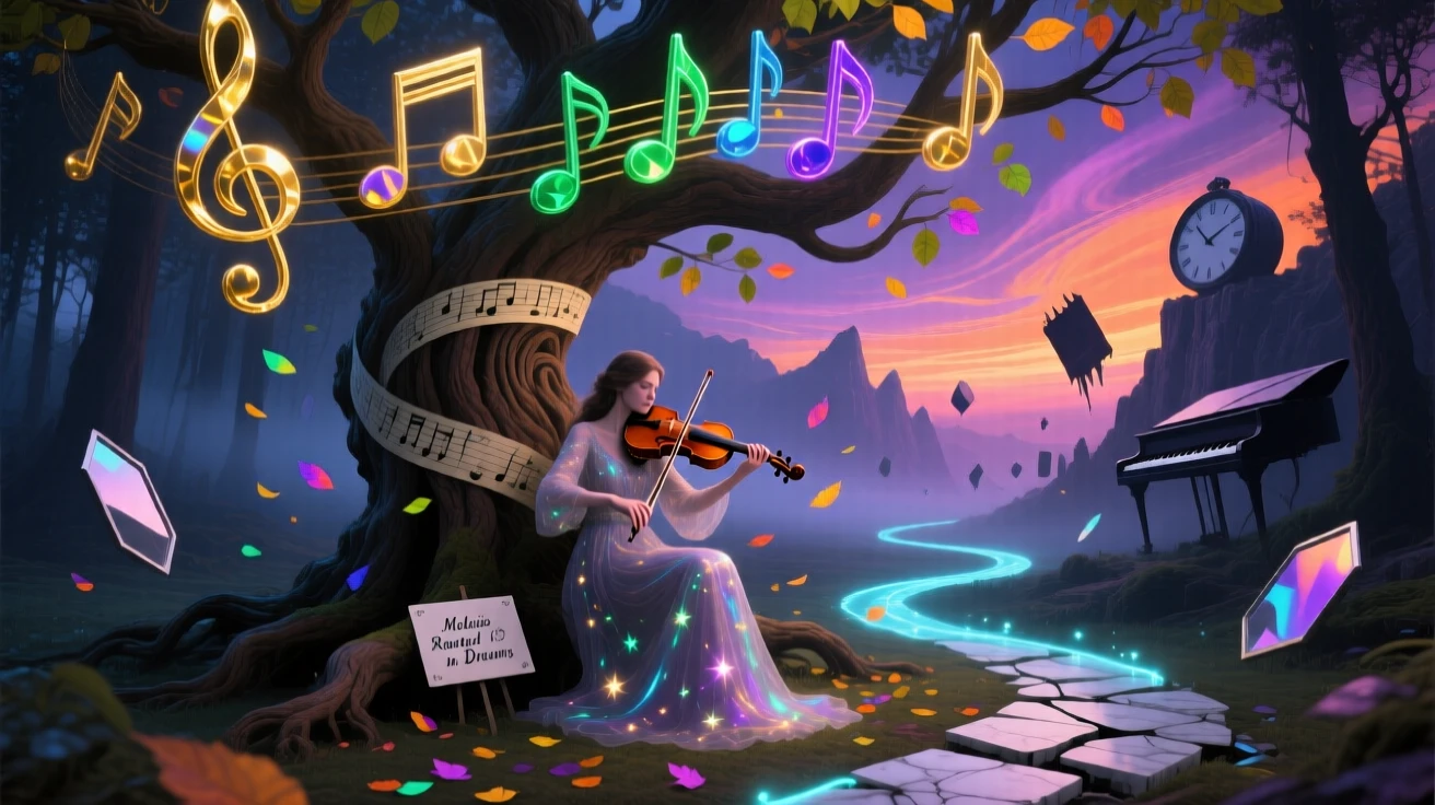 A violinist playing beneath a tree that grows musical notes as leaves rests peacefully in a space that feels both familiar and strange, while a faint trail of light marks the path behind them.