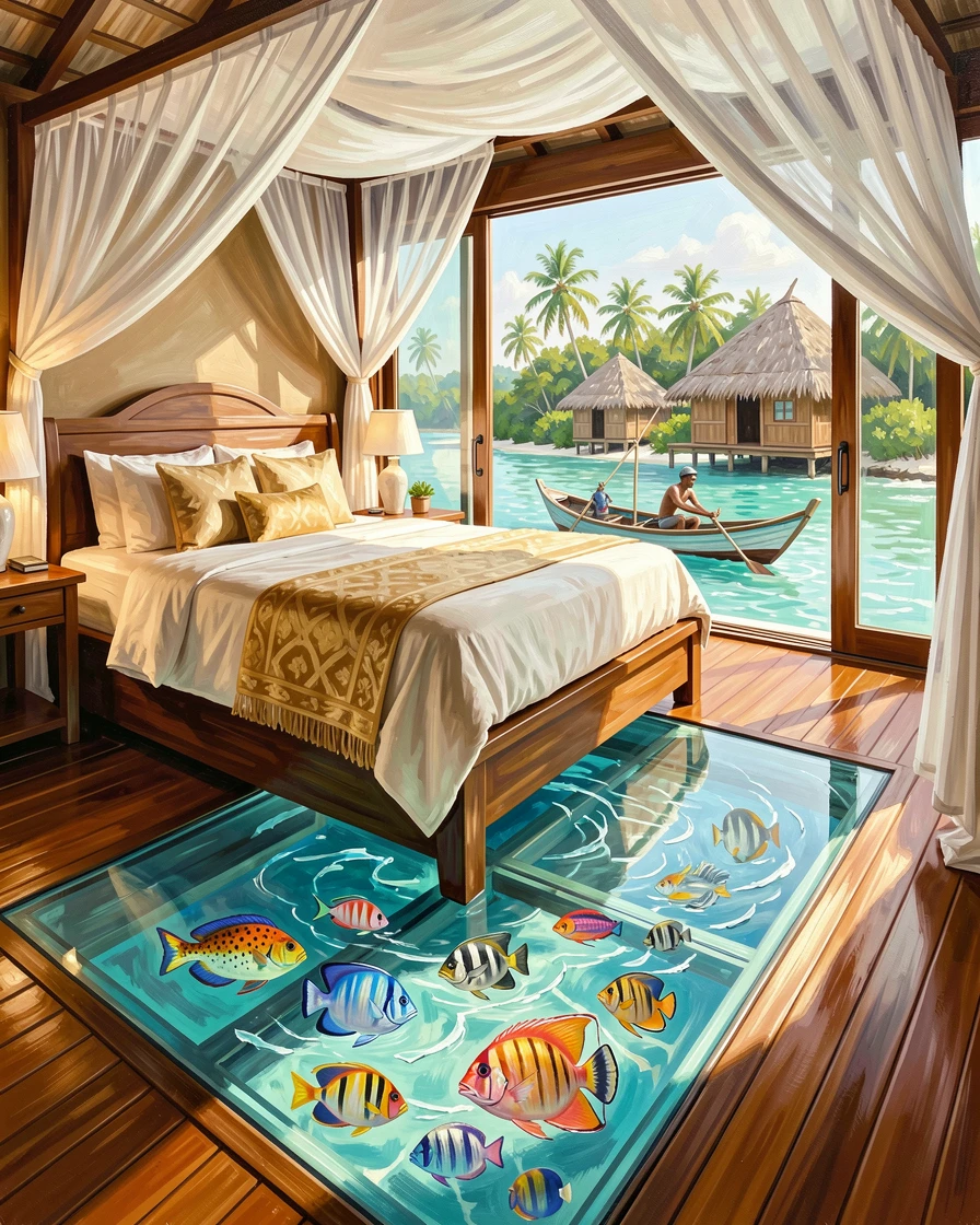 A luxurious overwater villa bedroom in the Maldives shows a glass floor panel revealing turquoise water and colorful fish swimming below the bed, local life visible in the background, adding a quiet sense of authenticity to the scene.