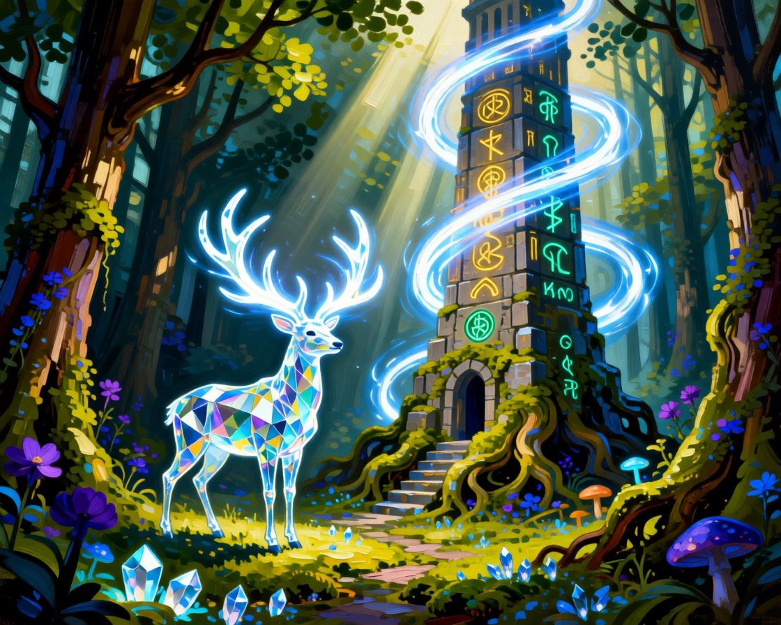 a crystal stag with antlers of pure light circling a tower of ancient magic deep within an enchanted forest
