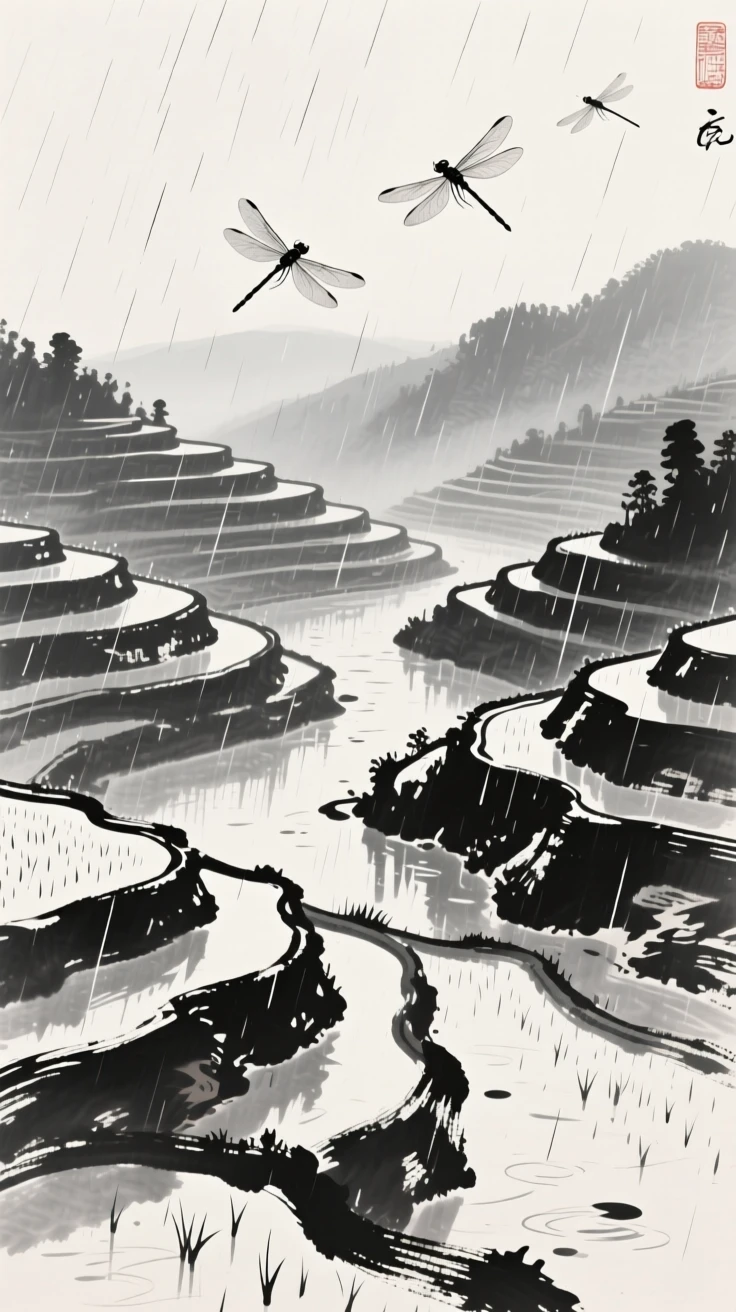 A summer rain shower sweeps across a valley of terraced fields, as dragonflies dart above the water's surface.