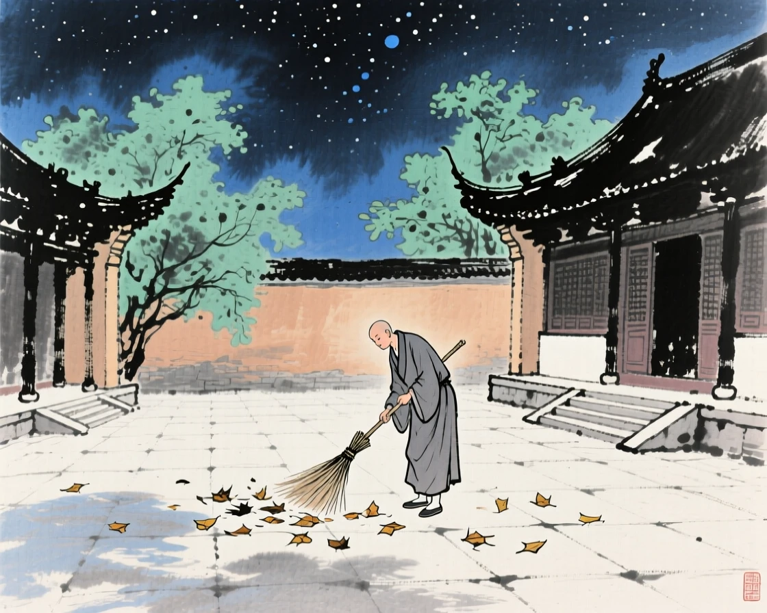 A monk sweeping fallen leaves from a temple courtyard, under a sky full of stars, in the height of summer.