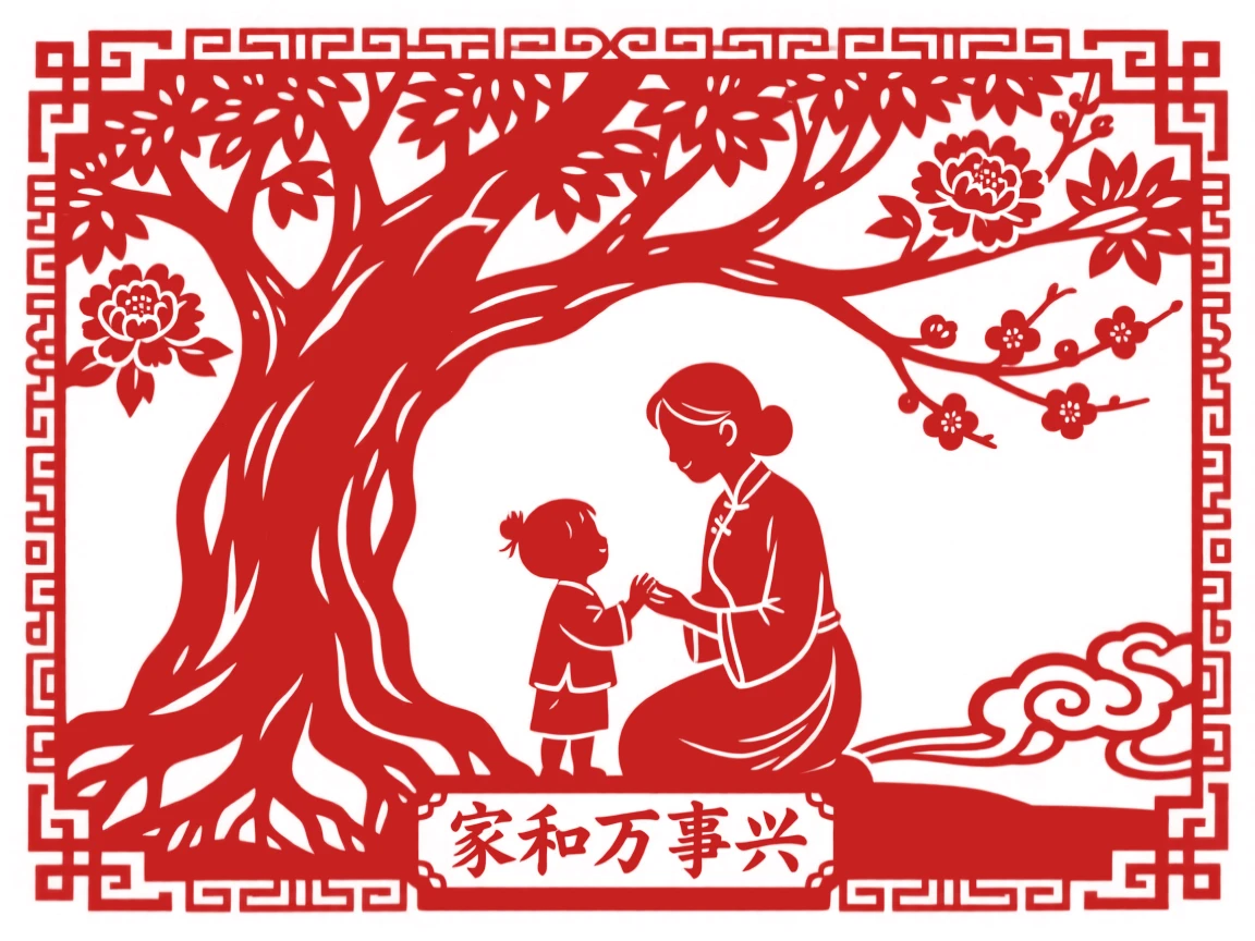 A young mother, exchanging stories beneath an old banyan tree, in framed by the soft glow of a fading afternoon.