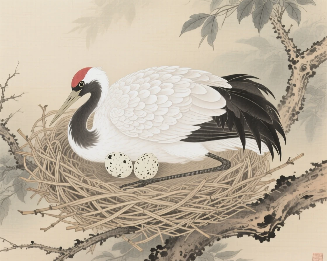 A stork tucked into a nest of twigs with two speckled eggs, soft morning light filtering through the branches