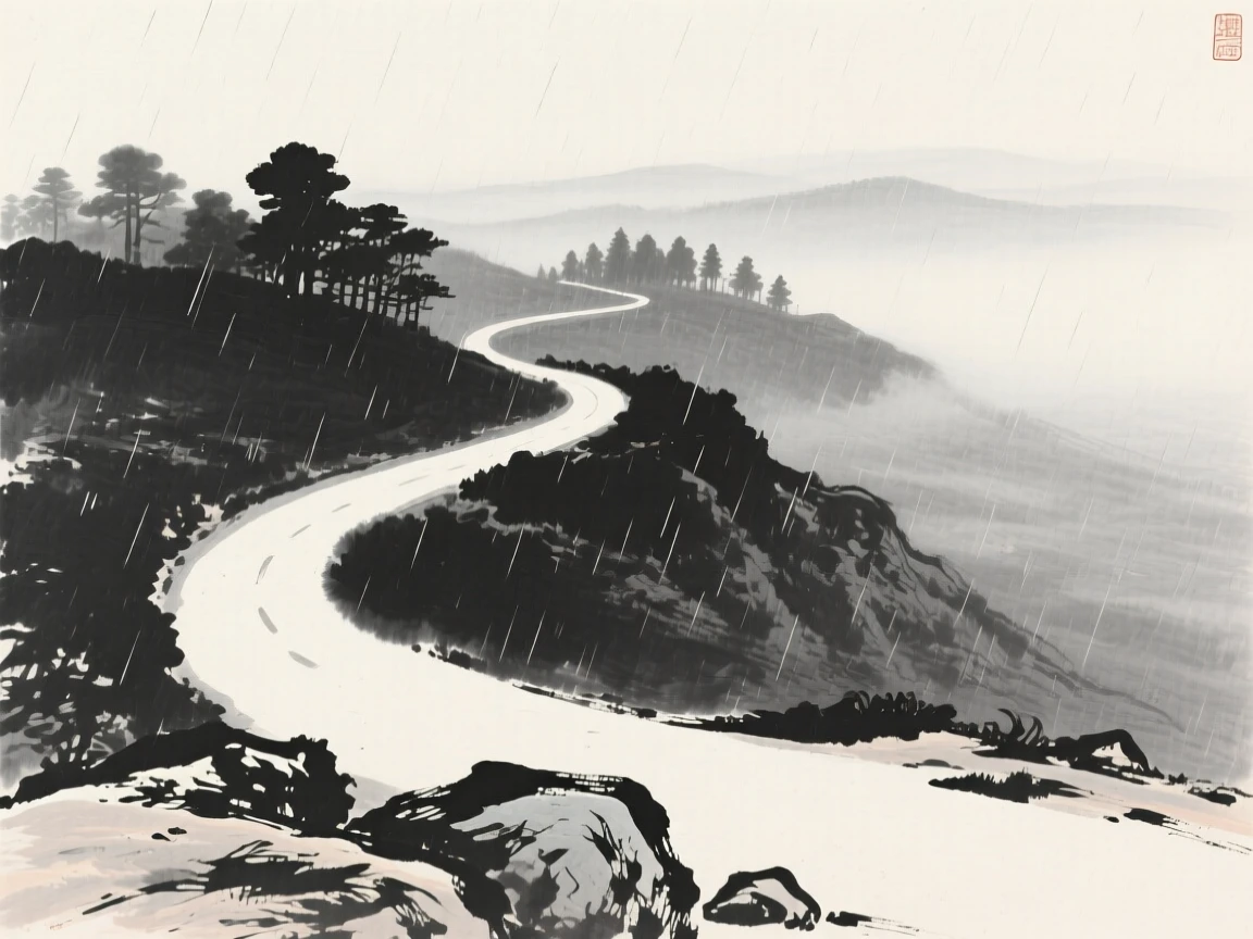 A winding mountain road disappearing into distant fog while a light rain blurs the distant tree line, framed low, with the foreground rocks leading the eye toward the distance, evoking a deep sense of solitude and quiet grandeur.